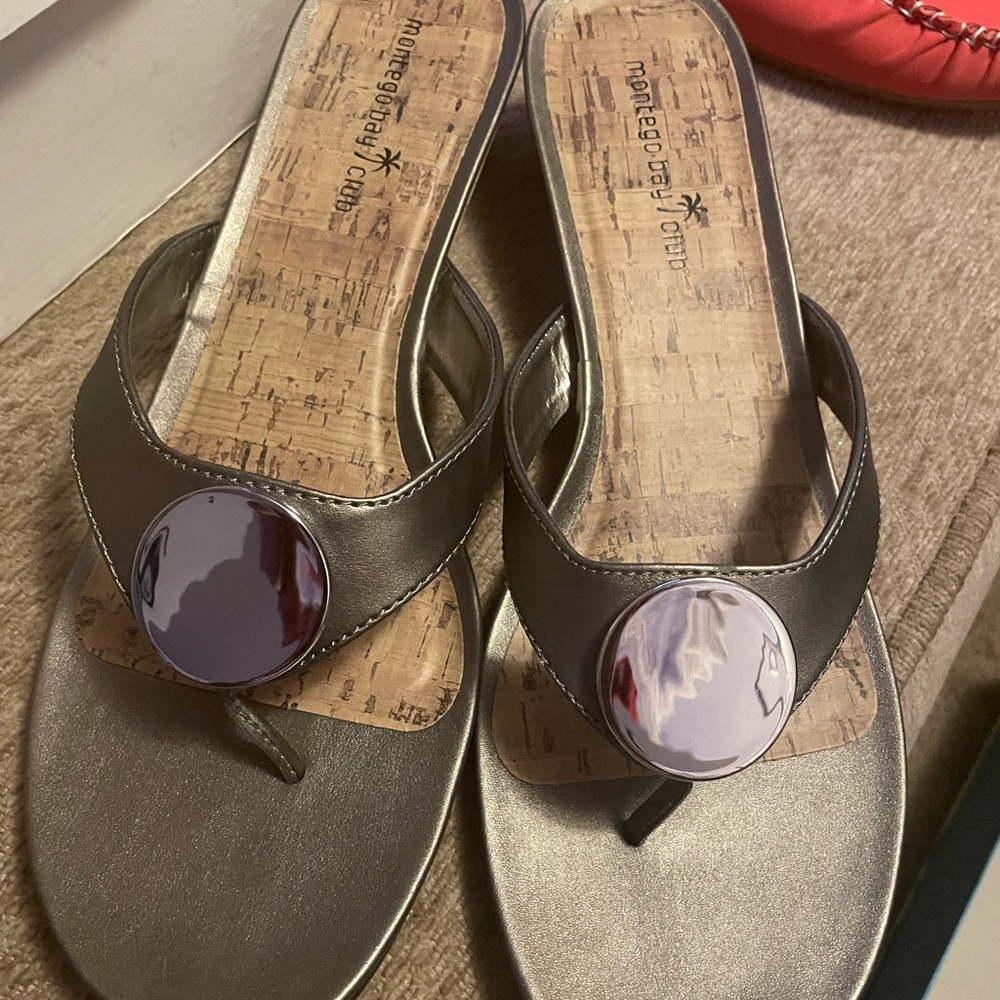 Montego Bay Club Sandals
Size 12
Color is Pewter
Heel is Cork 2"